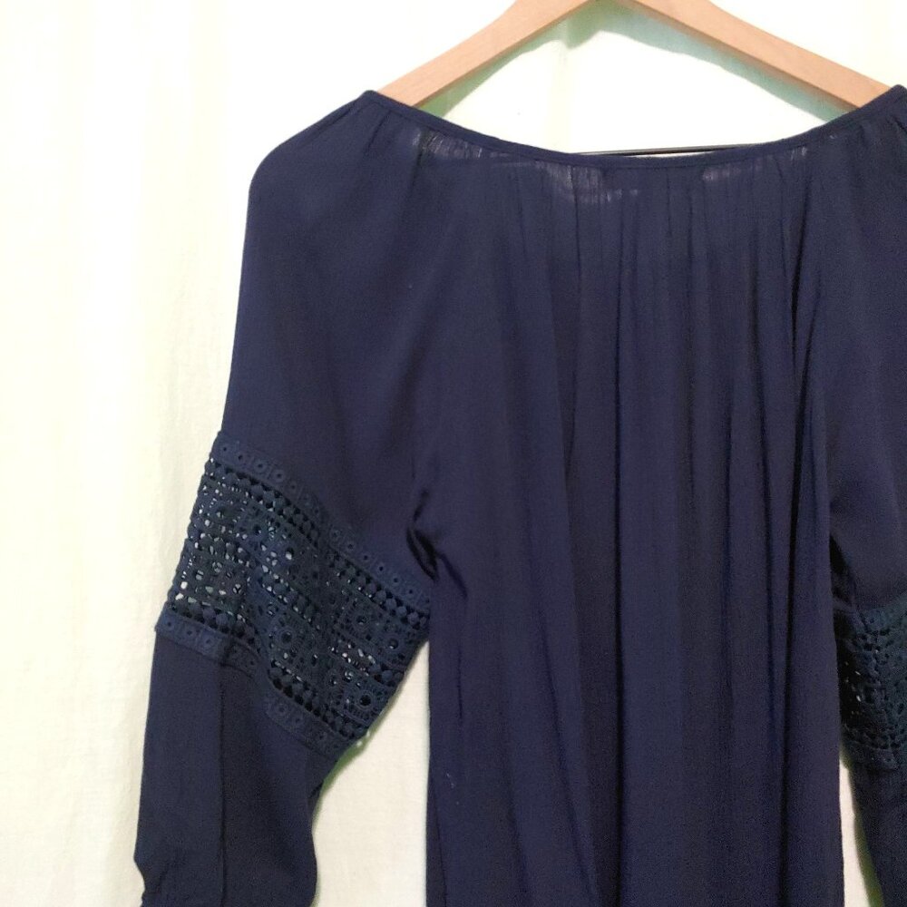 Ya Los Angeles tunic/dress womens Medium solid blue lace inset boho Fairy - Picture 4 of 7